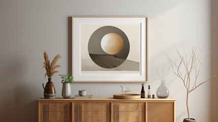 Stylish interior of living room with mock up poster frame, wooden commode, book, leaf in ceramic vase and elegant personal accessories. Minimalist concept of home decor. Template.
