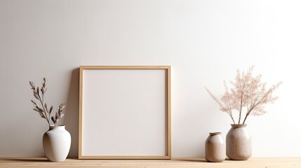 Stylish interior of living room with mock up poster frame, wooden commode, book, leaf in ceramic vase and elegant personal accessories. Minimalist concept of home decor. Template.
