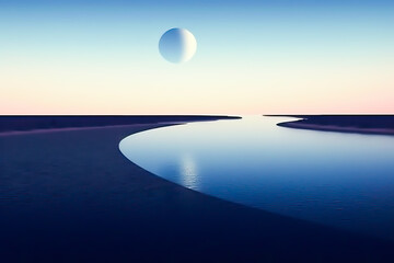 aerial view of a river, minimalist illustration, with a white moon, generative ai