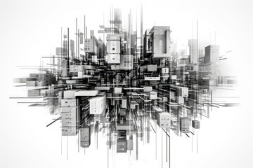 view of a technological cityscape with big buildings, minimalist style, top view, generative ai