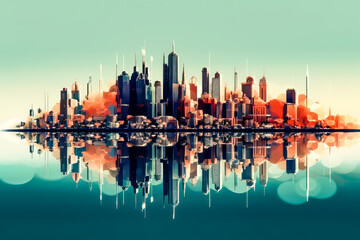 view of a cityscape with big buildings and its relfection in water, generative ai