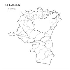 Vector Map of the Canton of St Gall (St. Gallen) with the Administrative Borders of Constituencies (Wahlkreise), Municipalities and Urban Districts and Quarters of St Gallen as of 2023 - Switzerland
