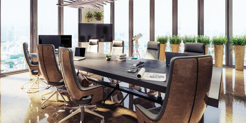 Representative Contemporary Meeting Area in Wood Design With Plants and Displays - panoramic 3D Visualization