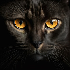 Close-up of a black cat with yellow eyes, generative ai technology