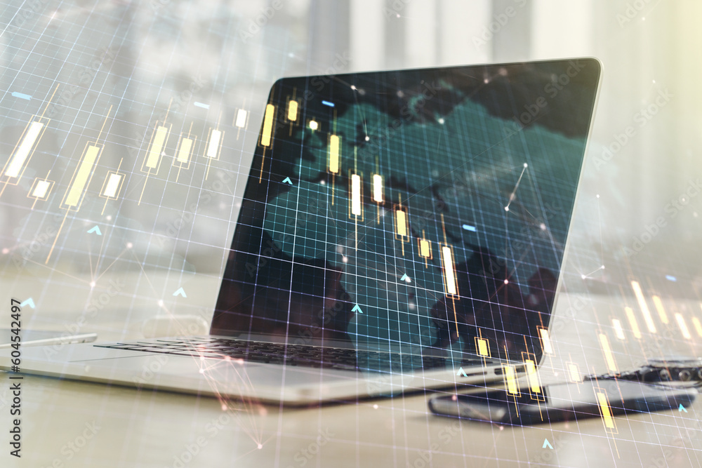 Poster multi exposure of abstract financial diagram with world map on computer background, banking and acco