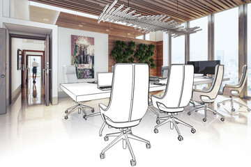 Elegant Contemporary Meeting Area in Wood Design With Plants and Artwork (sketch) - 3D Visualization