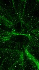 Green abstract futuristic sparkling vertical particle stars background. 3D illustration design backplate with copy space. Microbial and biofuel technology stage backdrop with flickering cell swarm
