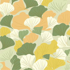 Seamless pattern of green and yellow ginkgo leaves in doodle and soft color style
