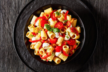 pepper tomato mozzarella pasta salad in bowl