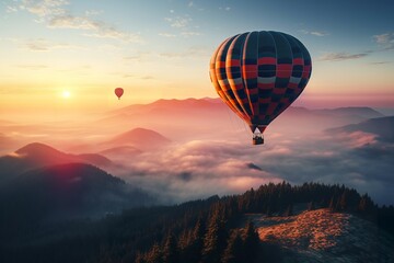 Fototapeta premium Sunrise Adventure: Majestic Hot Air Balloon Soaring Above High Mountains, hot air balloon, sunrise, mountain, adventure, aerial view, majestic, scenic, landscape, nature, travel, exploration, sky,
