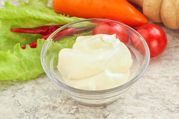 Organic mayonnaise sauce in the bowl
