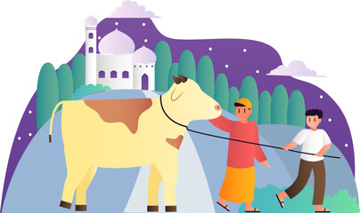 islamic design illustration concept for Happy eid al adha or sacrifice celebration event with people