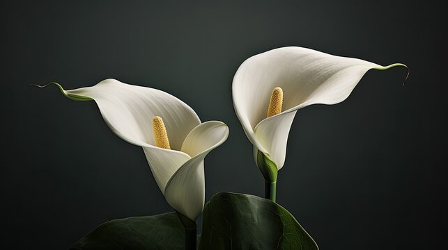 Sophisticated and refined calla lily petals in shades of white and soft green on dark backdrop. Festive card, condolences, wallpaper, backgrounds, web, banner. Generative AI. 