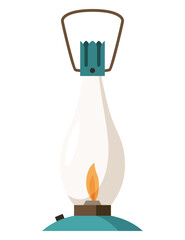 Vintage camping lantern or oil lamp. Handle gas lamps for tourist hiking. Flame glow camp fuel burn isolated on white background