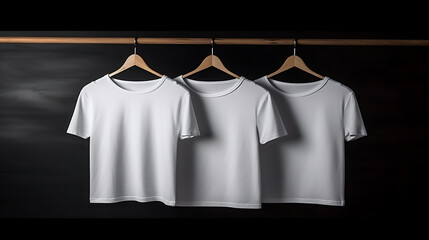 Blank white t-shirts set hanging on hanger’s mockup dark black background generative ai