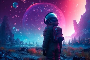 Astronaut in outer space. Fantasy landscape. 3d rendering, generative Ai