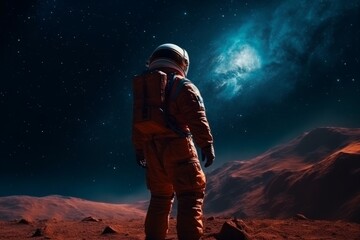 Fototapeta na wymiar Astronaut in outer space. Man in spacesuit exploring Mars, generative Ai