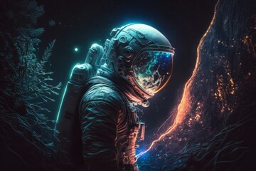 Obraz na płótnie Canvas Astronaut in a space suit and helmet in outer space in the background of the night city. Science fiction. 3D rendering., generative Ai