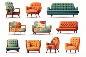 Sofas and armchairs in cartoon style. 3D illustration, generative Ai