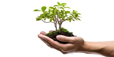 Fototapeta na wymiar Youngman hands holding a small tree isolated on white background. Planting tree eco concept. Generative ai.