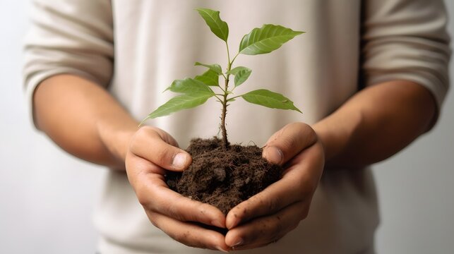 Youngman hands holding a small tree isolated on white background. Planting tree eco concept. Generative ai.