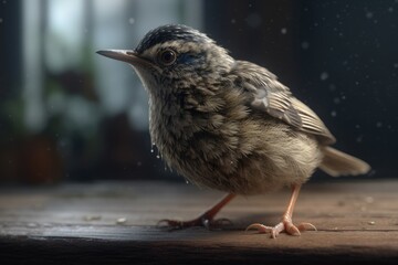 Little bird sitting on a wooden table with rain drops on it, generative Ai