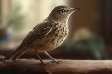 Little song thrush bird sitting on a wooden table in the room, generative Ai