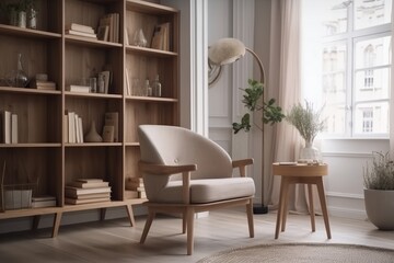 Modern living room interior with armchair, bookshelf and plants, generative Ai