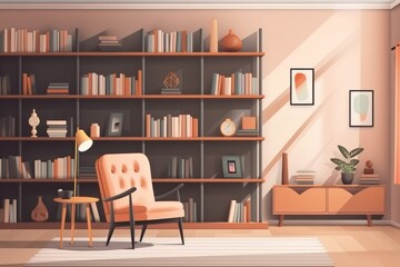 Living room interior with bookshelf and armchair. Digital illustration, generative Ai