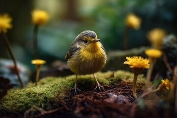 Fototapeta premium A small yellow bird sitting on a mossy branch with yellow flowers, generative Ai
