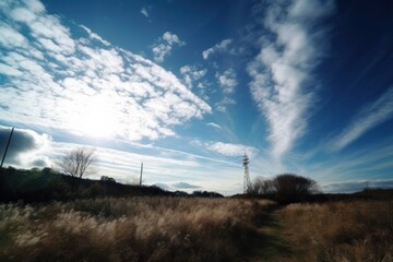 High voltage pylons against blue sky with white clouds and grass, generative Ai