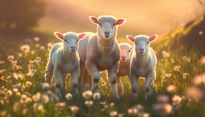 Obraz premium cute little lambs with sheep on fresh green meadow during sunrise Newborn lambs in flower field, cute summer landscape