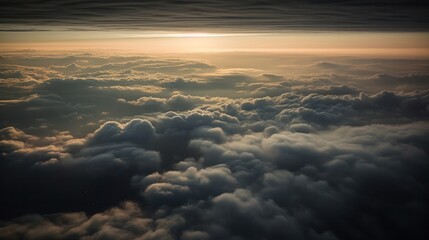 Aerial view above the clouds at sunset. Panoramic view, generative Ai
