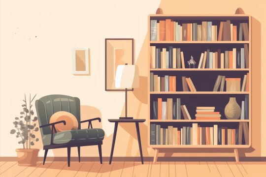 Living room interior with bookshelf and chair. Digital illustration in flat style, generative Ai