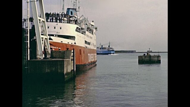 DOVER, UNITED KINGDOM - CIRCA 1979: Townsend Thoresen Ferry stopped in Dover port. Historic restored footage in 1970s.