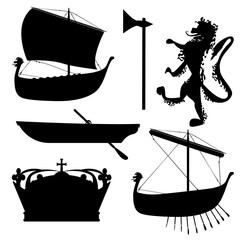 Vikings silhouette SET. Crown, Axe, Ship, Lion boat. PNG Illustration.