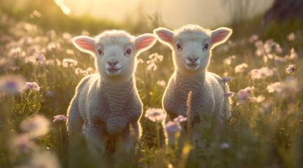 Obraz premium cute little lambs with sheep on fresh green meadow during sunrise Newborn lambs in flower field, cute summer landscape