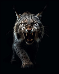 A lynx roaring on a black background