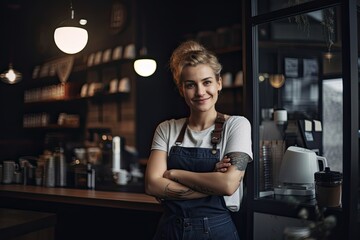 portrait of smiling beautiful caucasian working girl standing under lamps Generative AI - obrazy, fototapety, plakaty