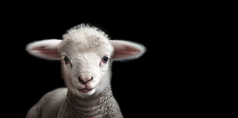 Fototapeta premium White lamb isolated on black background. cute portrait of a fluffy sheep, Close-up of a young sheep looking at camera with copy space on black background.