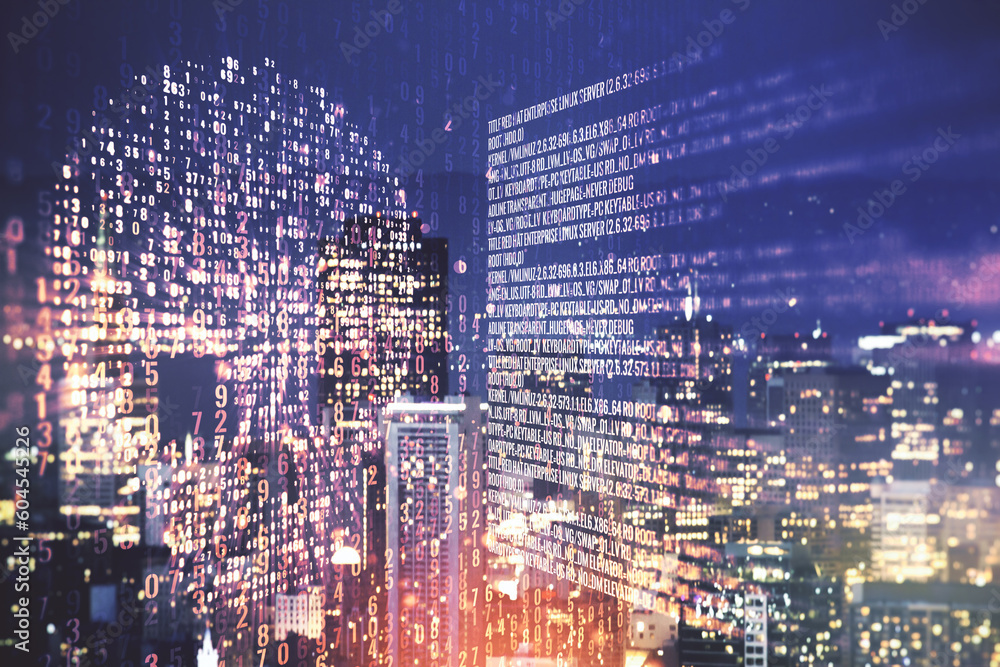 Poster abstract virtual code skull hologram on san francisco cityscape background, cybercrime and hacking c