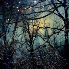Oggy night view of bare branches covered in spider webs 