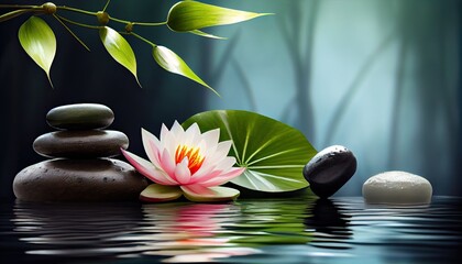 Balance and relaxation background, balancing pebbles in water with flower, Ai based Generative AI