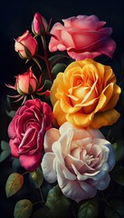 Multicolored garden rose flowers over black background, ai generative