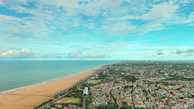 Chennai: Aerial view of famous city in India, iconic Marina Beach and blue waters of Bay of Bengal - landscape panorama of South Asia from above