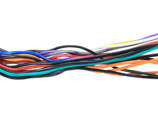 Multicolored wire cable of usb and adapter isolated on white background.Electronic Connector.Selection focus.