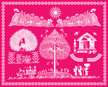 Tree Warli Painting, Wallpaper illustration, warli art, Vector. Warli Art Painting-Celebration in Tribal