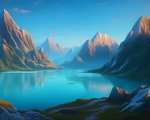 Fototapeta na wymiar lake and blue sky with mountains, created with Gernerative AI