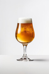 A glass of beer with foam in a white background