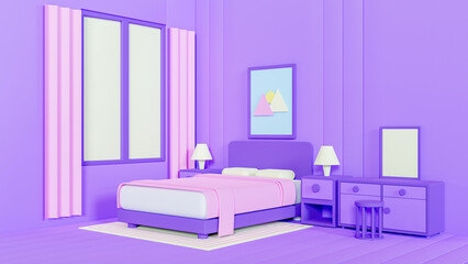 Low poly cute bedroom with purple color